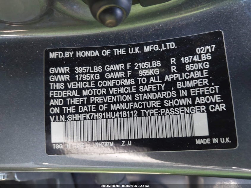 2017 Honda Civic VIN SHHFK7H91HU418112 IAAI salvage auction — RIGHT REAR, Salvage (California), sold $4,000 on 2026-07-20 (photo 9)