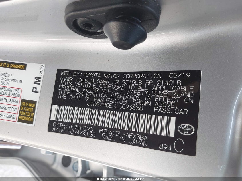 2020 Toyota Corolla VIN JTDS4RCE2LJ023688 IAAI salvage auction — REAR END, Salvage Title, sold $7,800 on 2026-07-22 (photo 9)
