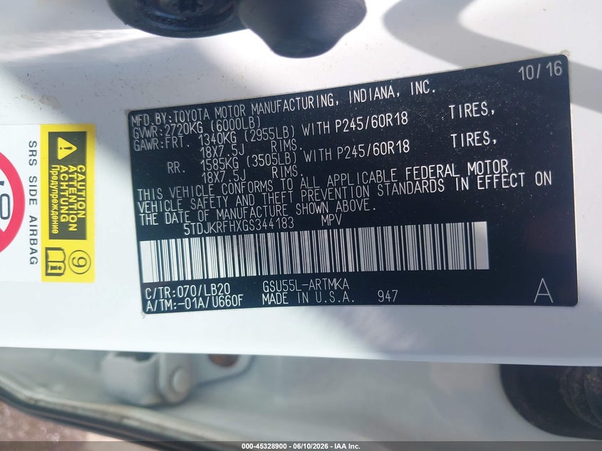 2016 Toyota Highlander VIN 5TDJKRFHXGS344183 IAAI salvage auction — LEFT FRONT, Salvage (Kansas), sold $7,225 on 2026-07-15 (photo 9)