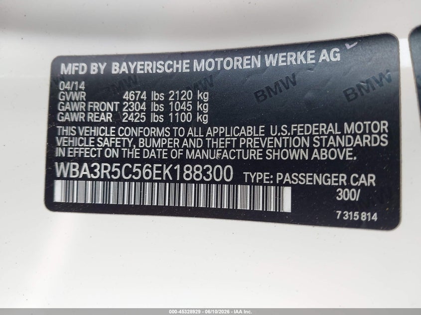 2014 BMW 4er VIN WBA3R5C56EK188300 IAAI salvage auction — HAIL, Salvage (Iowa), sold $5,500 on 2026-07-14 (photo 9)