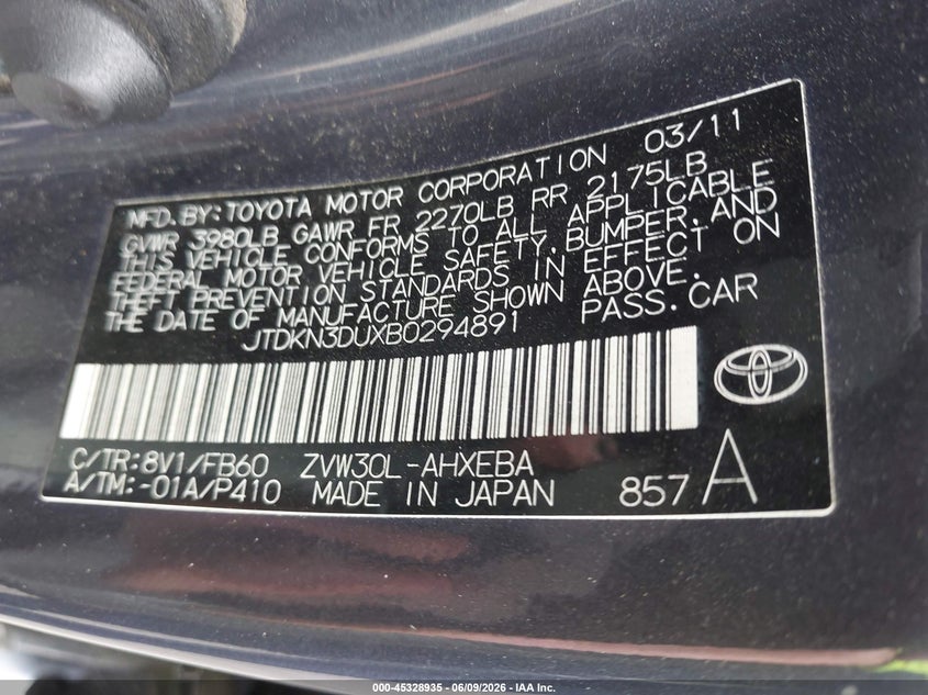 2011 Toyota Prius VIN JTDKN3DUXB0294891 IAAI salvage auction — RIGHT FRONT, Salvage (California), sold $925 on 2026-07-29 (photo 9)