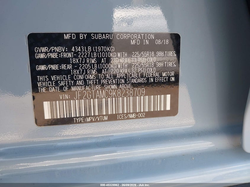 2019 Subaru Xv VIN JF2GTAMC9K8238709 IAAI salvage auction — NORMAL WEAR, Salvage Title, sold $2,800 on 2026-07-21 (photo 9)