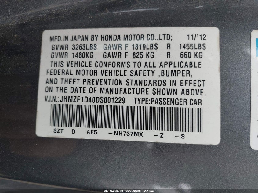 2013 Honda Cr-z VIN JHMZF1D40DS001229 IAAI salvage auction — NORMAL WEAR, Original (Texas), sold $2,000 on 2026-07-07 (photo 9)