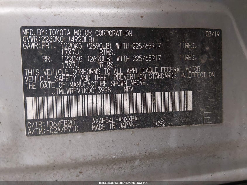 2019 Toyota Rav 4 VIN JTMLWRFV1KD013998 IAAI salvage auction — FRONT END, Original (Alaska), sold $4,100 on 2026-08-02 (photo 9)