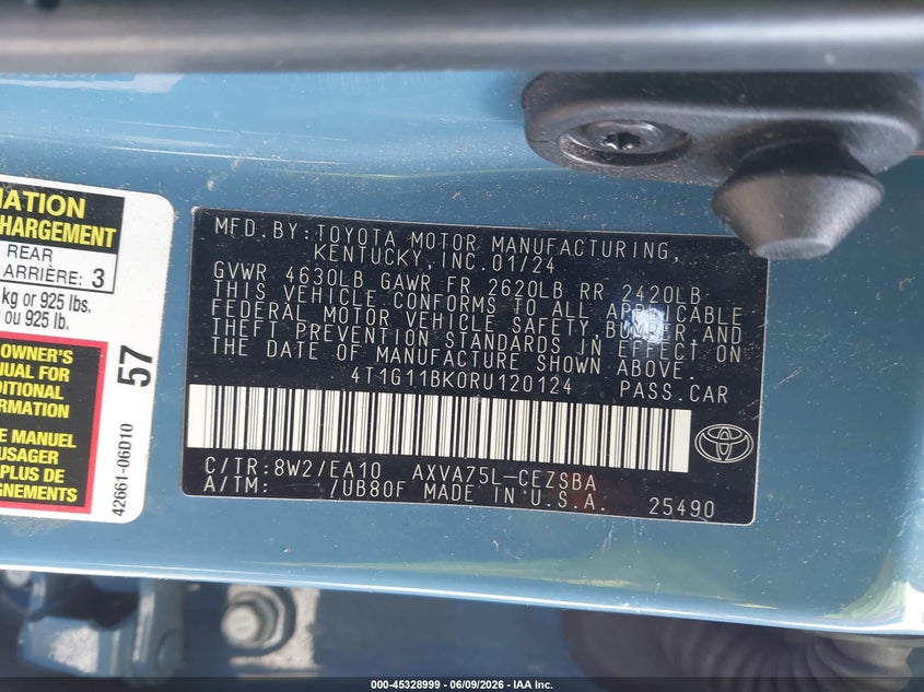 2024 Toyota Camry VIN 4T1G11BK0RU120124 IAAI salvage auction — ROLLOVER, Salvage Title, sold $5,600 on 2026-07-29 (photo 9)