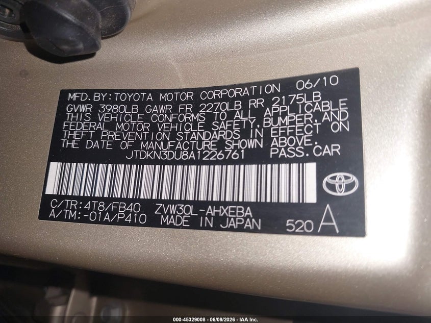 2010 Toyota Prius VIN JTDKN3DU8A1226761 IAAI salvage auction — FRONT END, Salvage (Arizona), sold $550 on 2026-07-28 (photo 9)