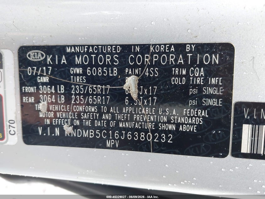 2018 Kia SEDONA VIN KNDMB5C16J6380232 IAAI salvage auction — UNDERCARRIAGE, Salvage Title, sold $300 on 2026-07-21 (photo 9)