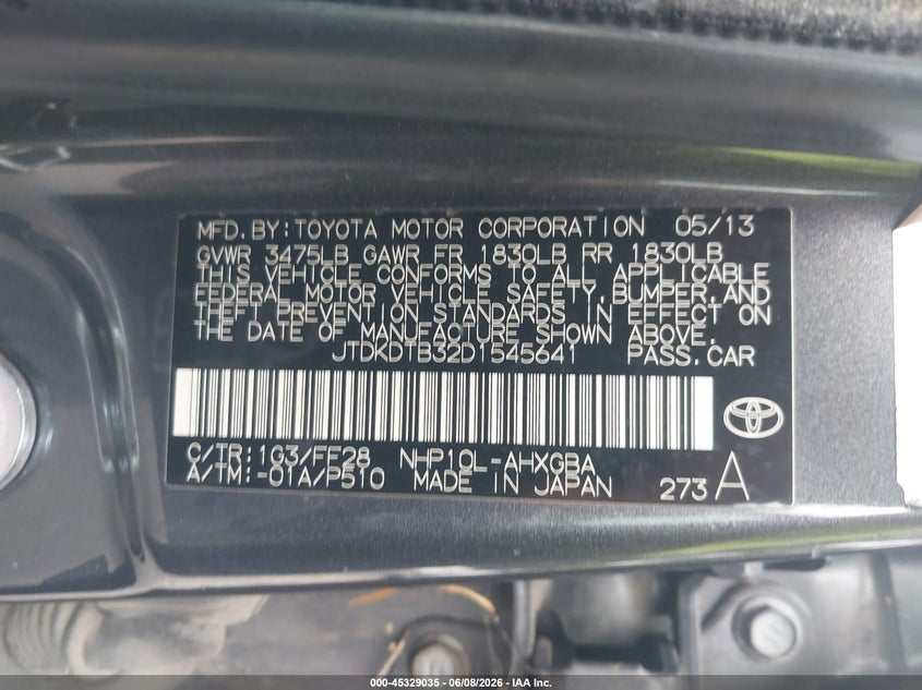 2013 Toyota Prius c VIN JTDKDTB32D1545641 IAAI salvage auction — NORMAL WEAR, Clear - Dealer Only (California), sold $425 on 2026-07-21 (photo 9)