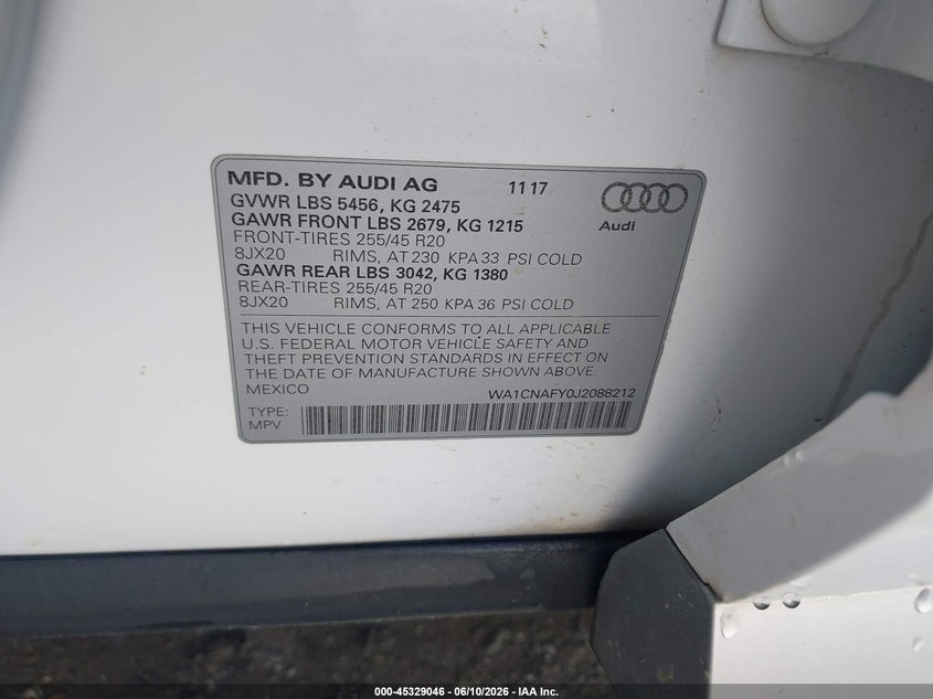 2018 Audi Q5 VIN WA1CNAFY0J2088212 IAAI salvage auction — REAR END, Salvage (Georgia), sold $3,700 on 2026-07-07 (photo 9)