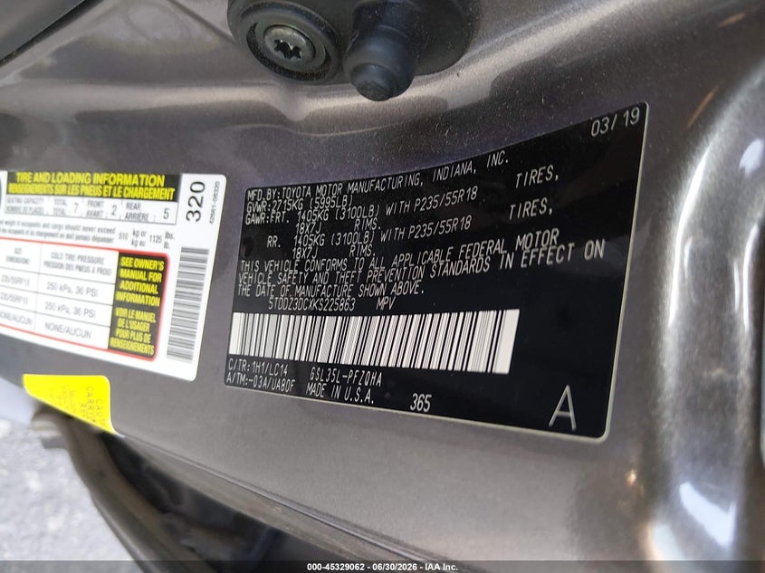 2019 Toyota Sienna VIN 5TDDZ3DCXKS225863 IAAI salvage auction — UNKNOWN, Clear (Colorado), sold $18,950 on 2026-07-07 (photo 9)