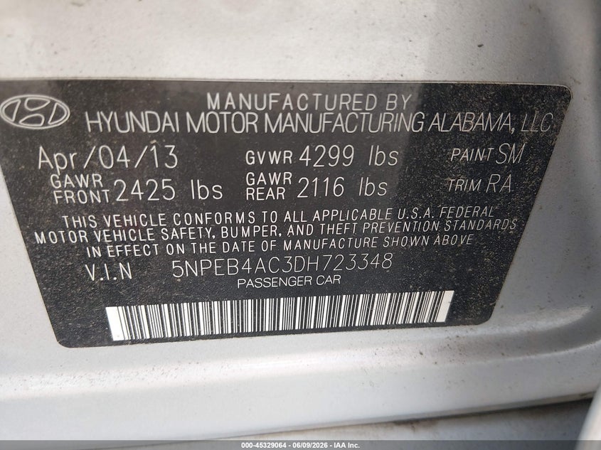 2013 Hyundai Sonata VIN 5NPEB4AC3DH723348 IAAI salvage auction — HAIL, Salvage Title, sold $2,800 on 2026-07-10 (photo 9)