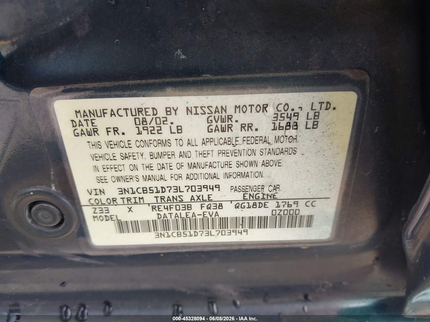 2003 Nissan Sentra VIN 3N1CB51D73L703949 IAAI salvage auction — REAR END, Salvage (California), sold $575 on 2026-07-09 (photo 9)