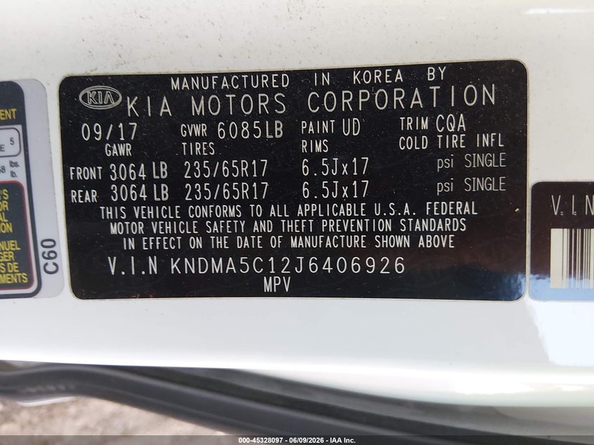 2018 Kia SEDONA VIN KNDMA5C12J6406926 IAAI salvage auction — FRONT END, Salvage Title, sold $25 on 2026-07-28 (photo 9)