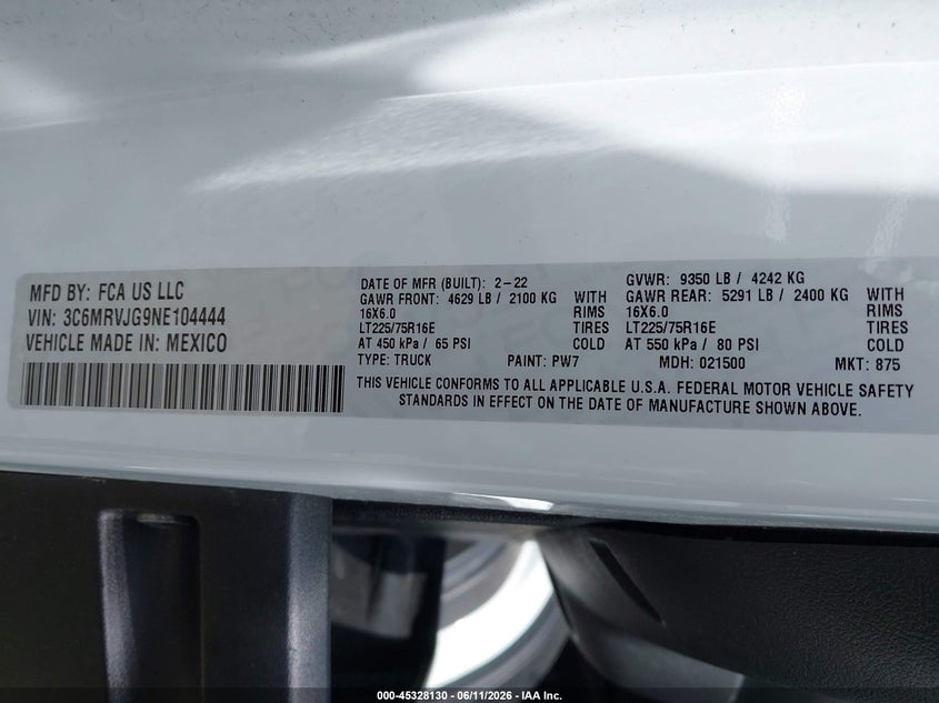 2022 Ram Promaster city VIN 3C6MRVJG9NE104444 IAAI salvage auction — FRONT END, Salvage (Illinois), sold $17,950 on 2026-07-28 (photo 9)