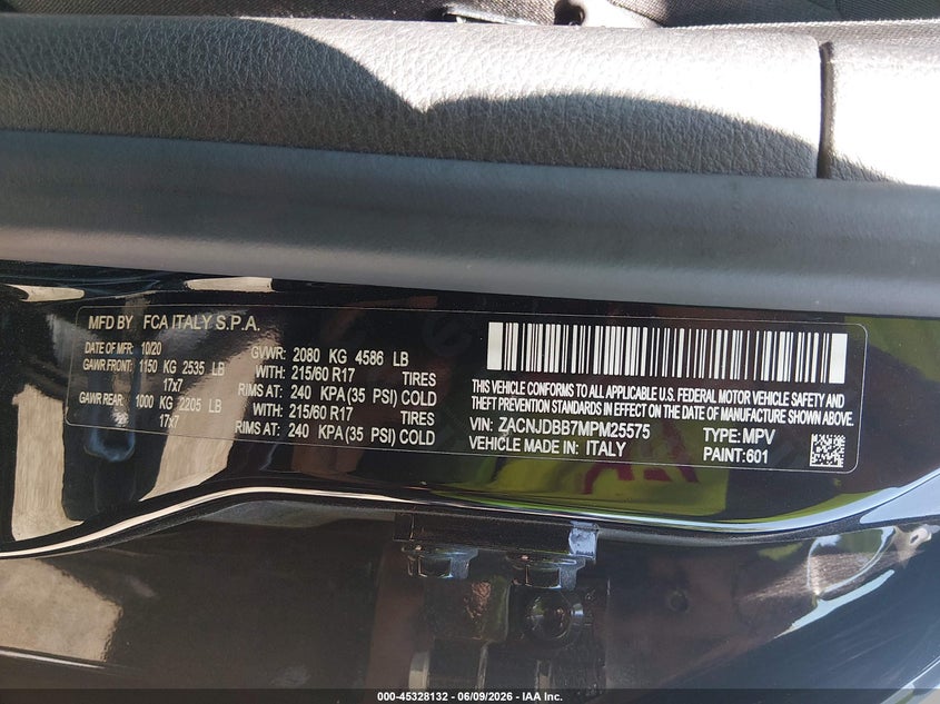 2021 Jeep Renegade VIN ZACNJDBB7MPM25575 IAAI salvage auction — REAR END, Salvage (New Jersey), sold $4,300 on 2026-08-06 (photo 9)