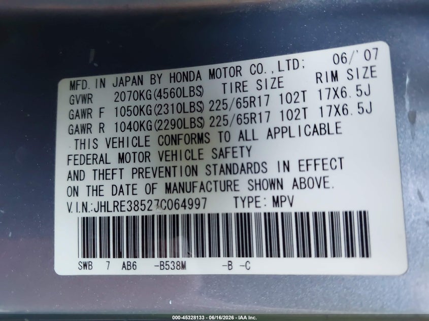 2007 Honda Cr-v VIN JHLRE38527C064997 IAAI salvage auction — REAR END, Salvage (California), sold $1,450 on 2026-07-28 (photo 9)