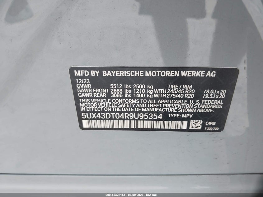 2024 BMW X4 VIN 5UX43DT04R9U95354 IAAI salvage auction — FRONT END, Salvage Title, sold $26,150 on 2026-07-20 (photo 9)