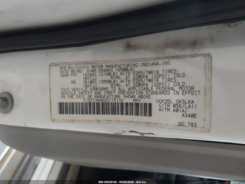 2002 Toyota Sequoia VIN 5TDZT38A62S115134 IAAI salvage auction — SIDE, Repossession Paperwork (Georgia), sold $400 on 2026-07-22 (photo 9)