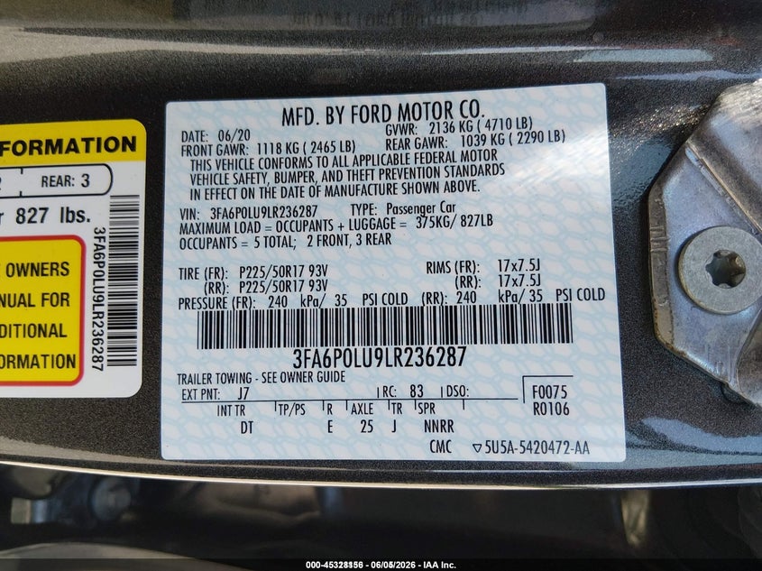 2020 Ford Fusion VIN 3FA6P0LU9LR236287 IAAI salvage auction — NORMAL WEAR, Sf97 (New York), sold $7,200 on 2026-07-23 (photo 9)