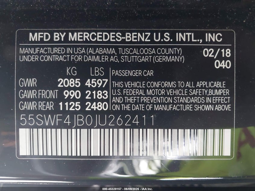 2018 Mercedes-benz C-klasse VIN 55SWF4JB0JU262411 IAAI salvage auction — FRONT END, Salvage (North Carolina), sold $4,250 on 2026-07-26 (photo 9)