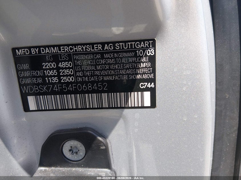 2004 Mercedes-benz Sl-class VIN WDBSK74F54F068452 IAAI salvage auction — LEFT FRONT, Salvage (California), sold $10,600 on 2026-07-16 (photo 9)