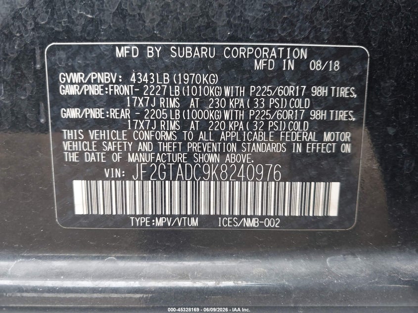2019 Subaru Xv VIN JF2GTADC9K8240976 IAAI salvage auction — RIGHT SIDE, Salvage Title, sold $4,000 on 2026-07-15 (photo 9)