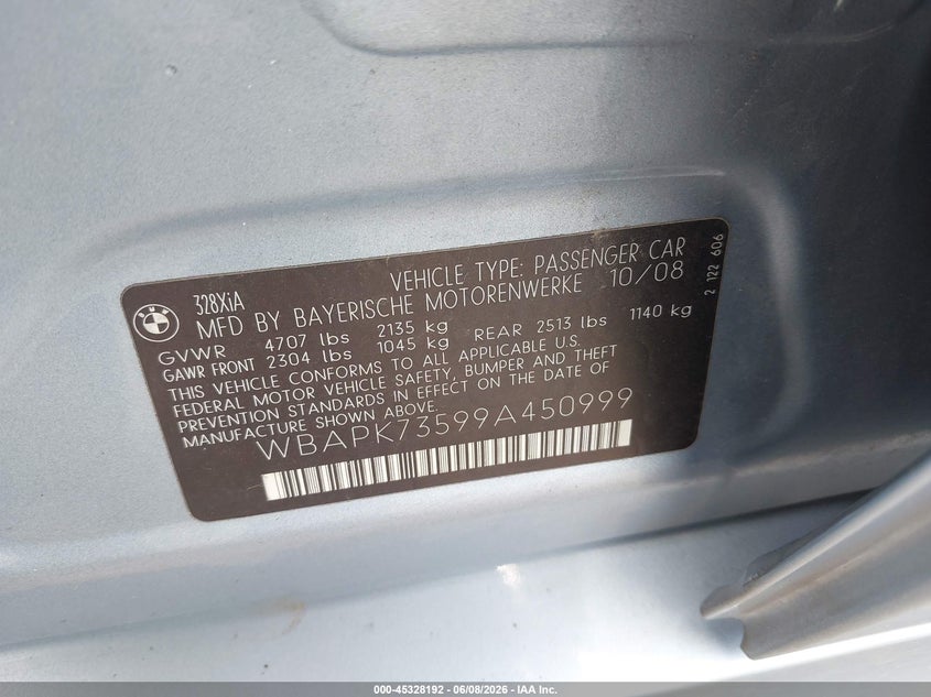 2009 BMW 3 series VIN WBAPK73599A450999 IAAI salvage auction — RIGHT FRONT, Salvage (Iowa), sold $1,550 on 2026-07-21 (photo 9)