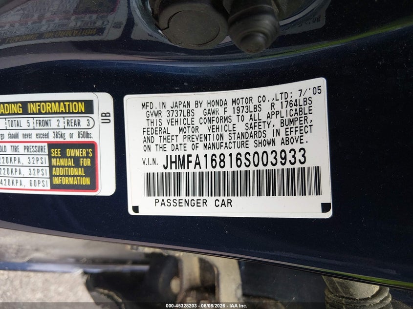 2006 Honda Civic VIN JHMFA16816S003933 IAAI salvage auction — ALL OVER, Clear (Minnesota), sold $250 on 2026-07-20 (photo 9)