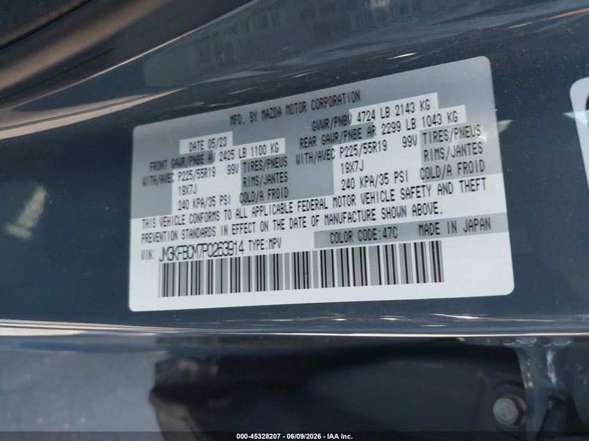 2023 Mazda Cx-5 VIN JM3KFBCM7P0263914 IAAI salvage auction — FRONT END, Salvage Title, sold $8,900 on 2026-07-15 (photo 9)