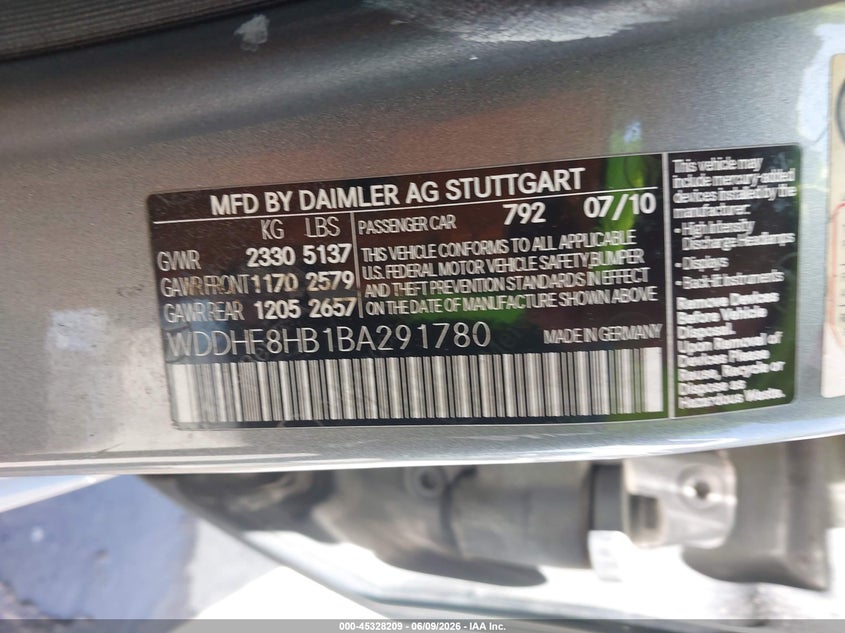 2011 Mercedes-benz E-class VIN WDDHF8HB1BA291780 IAAI salvage auction — FRONT END, Salvage (Kansas), sold $525 on 2026-07-29 (photo 9)