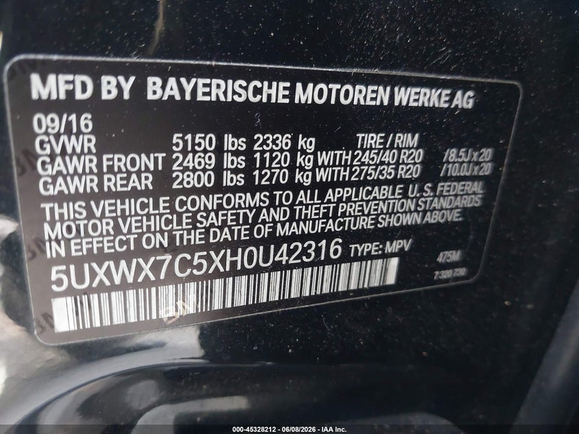 2017 BMW X3 VIN 5UXWX7C5XH0U42316 IAAI salvage auction — BIO HAZARD, Salvage Title, sold $925 on 2026-07-22 (photo 9)