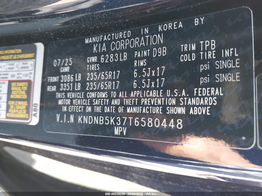 2026 Kia Carnival VIN KNDNB5K37T6580448 IAAI salvage auction — REAR END, Salvage Title, sold $13,125 on 2026-07-16 (photo 9)