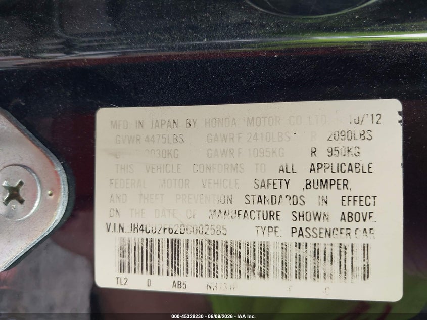 2013 Acura Tsx VIN JH4CU2F62DC002585 IAAI salvage auction — FRONT END, Salvage Title, sold $25 on 2026-07-09 (photo 9)