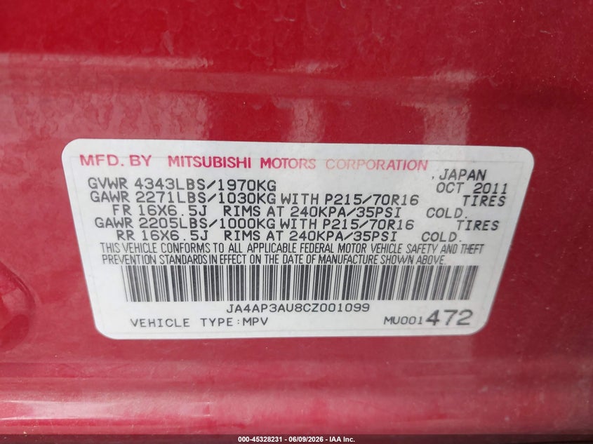 2012 Mitsubishi Outlander VIN JA4AP3AU8CZ001099 IAAI salvage auction — FRONT END, Salvage Title, sold $400 on 2026-07-13 (photo 9)