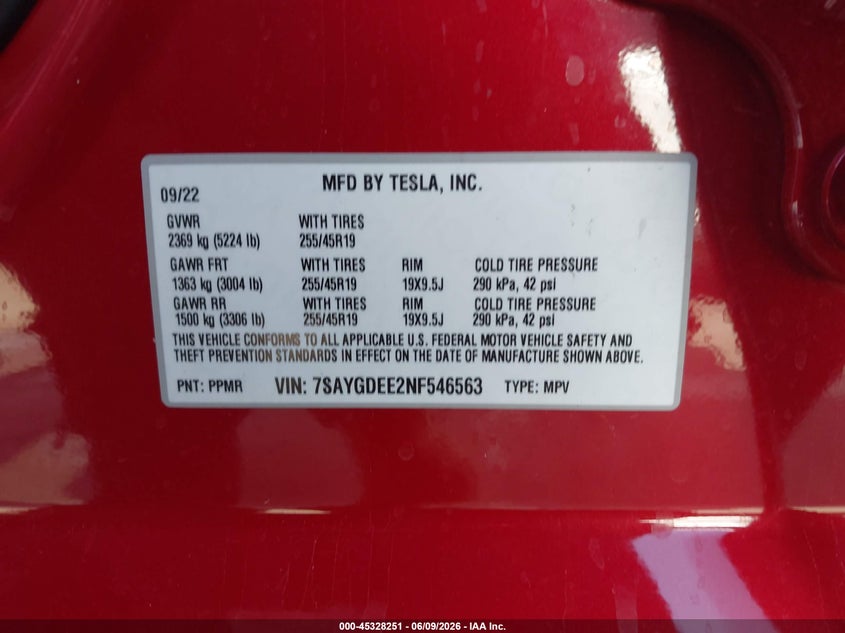 2022 Tesla Model y VIN 7SAYGDEE2NF546563 IAAI salvage auction — LEFT REAR, Salvage Title, sold $9,275 on 2026-08-01 (photo 9)