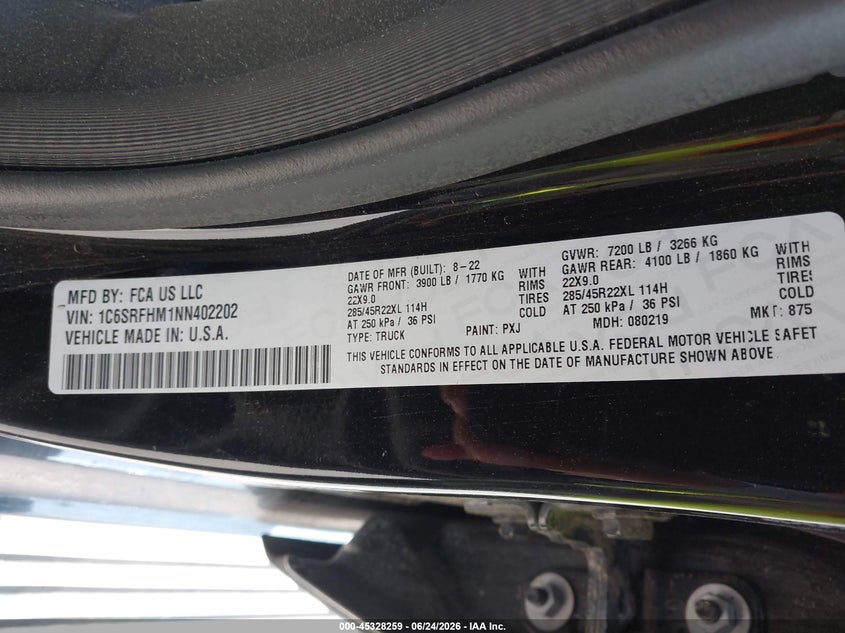 2022 Ram 1500 VIN 1C6SRFHM1NN402202 IAAI salvage auction — FRONT & REAR, Salvage Title, sold $11,900 on 2026-08-12 (photo 9)