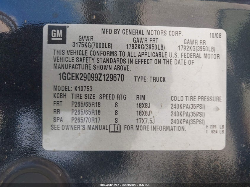 2009 Chevrolet Silverado 1500 VIN 1GCEK29099Z129670 IAAI salvage auction — FRONT END, Salvage (Texas), sold $750 on 2026-07-09 (photo 9)