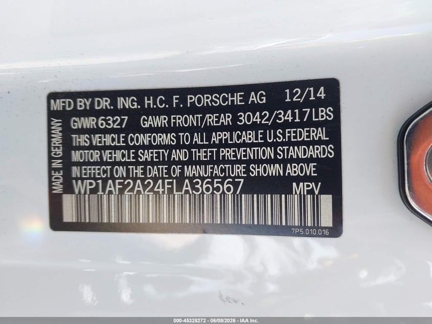 2015 Porsche Cayenne VIN WP1AF2A24FLA36567 IAAI salvage auction — NORMAL WEAR, Clear - Dealer Only (California), sold $5,650 on 2026-07-07 (photo 9)