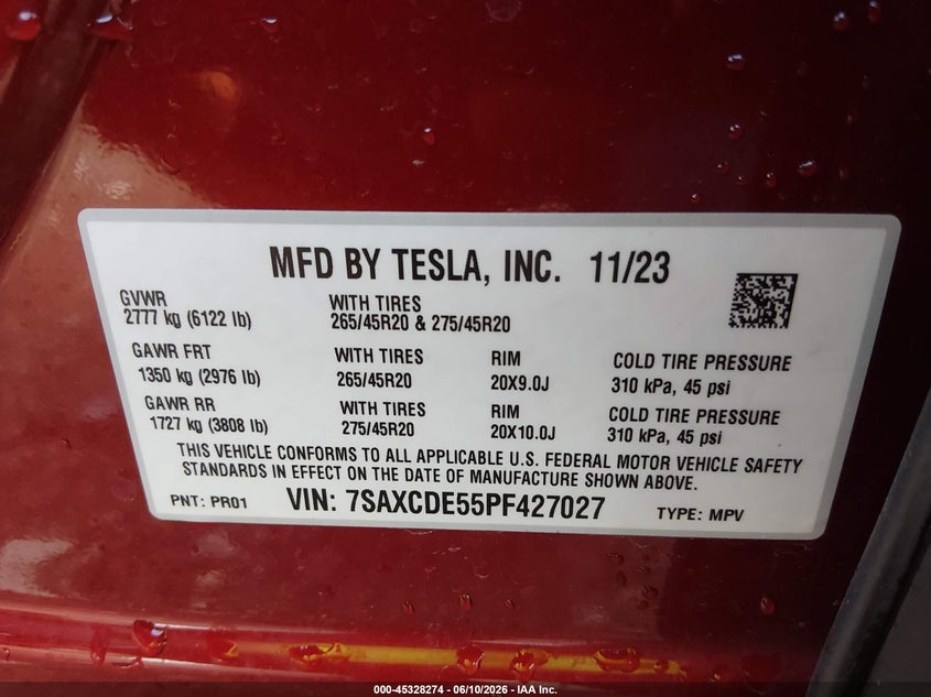 2023 Tesla Model x VIN 7SAXCDE55PF427027 IAAI salvage auction — SIDE, Salvage Title, sold $22,750 on 2026-09-23 (photo 9)