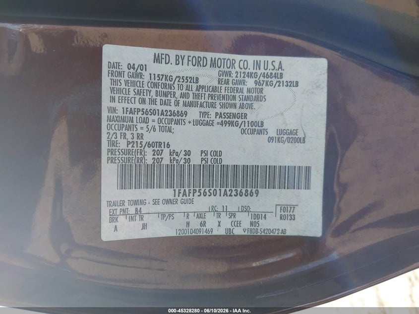2001 Ford Taurus VIN 1FAFP56S01A236869 IAAI salvage auction — ENGINE DAMAGE, Salvage (California), sold $150 on 2026-07-25 (photo 9)
