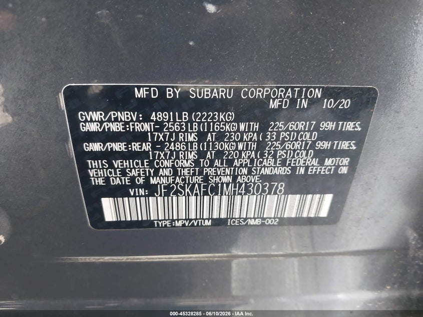2021 Subaru Forester VIN JF2SKAFC1MH430378 IAAI salvage auction — RIGHT SIDE, Salvage Title, sold $2,100 on 2026-07-24 (photo 9)