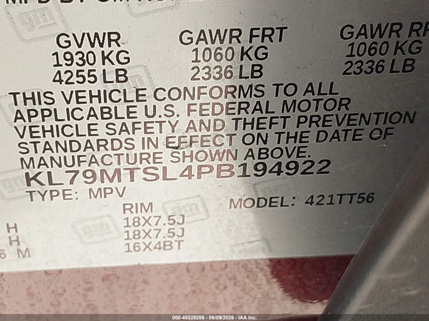 2023 Chevrolet Trailblazer VIN KL79MTSL4PB194922 IAAI salvage auction — SIDE, Original (Texas), sold $7,700 on 2026-08-02 (photo 9)