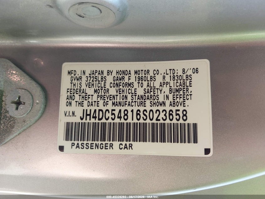 2006 Acura Rsx VIN JH4DC54816S023658 IAAI salvage auction — RIGHT SIDE, Certificate Of Title (Nebraska), sold $575 on 2026-07-09 (photo 9)