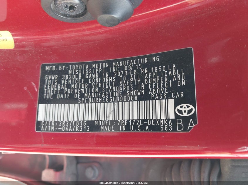 2016 Toyota Corolla VIN 5YFBURHE6GP390068 IAAI salvage auction — LEFT REAR, Original (Texas), sold $2,650 on 2026-07-29 (photo 9)