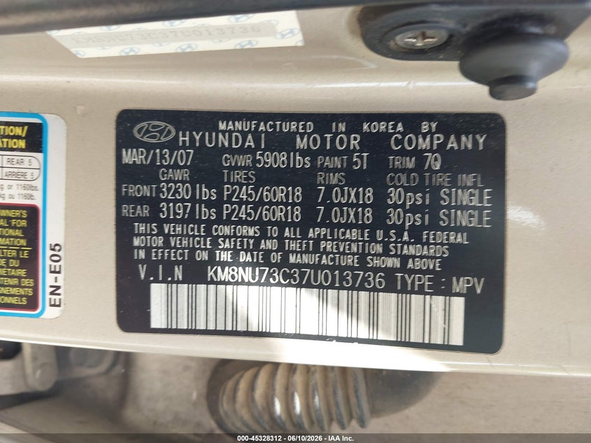 2007 Hyundai Veracruz VIN KM8NU73C37U013736 IAAI salvage auction — FRONT END, Repossession Paperwork (South Carolina), sold $25 on 2026-07-22 (photo 9)