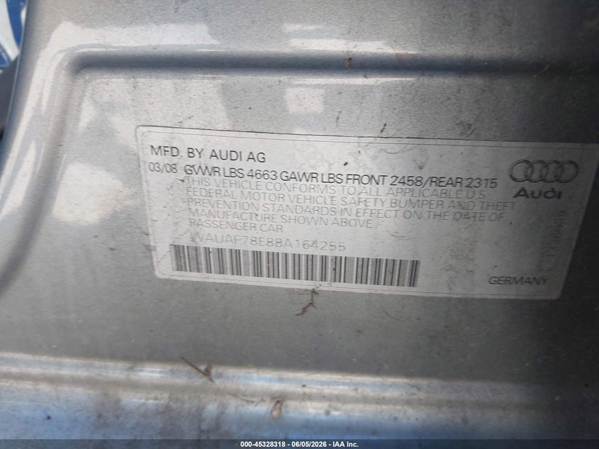 2008 Audi A4 VIN WAUAF78E88A164255 IAAI salvage auction — NORMAL WEAR, Clear - Dealer Only (California), sold $375 on 2026-07-13 (photo 9)