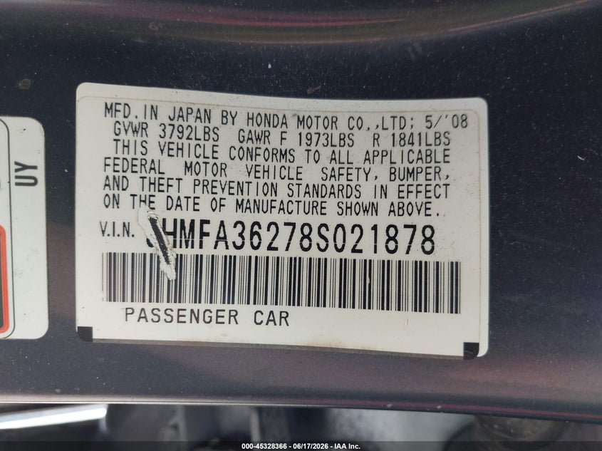2008 Honda Civic VIN JHMFA36278S021878 IAAI salvage auction — LEFT FRONT, Salvage (Texas), sold $25 on 2026-07-29 (photo 9)