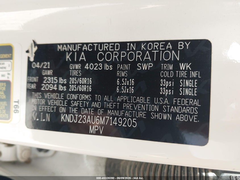 2021 Kia Soul VIN KNDJ23AU6M7149205 IAAI salvage auction — HAIL, Salvage (Missouri), sold $3,150 on 2026-07-30 (photo 9)