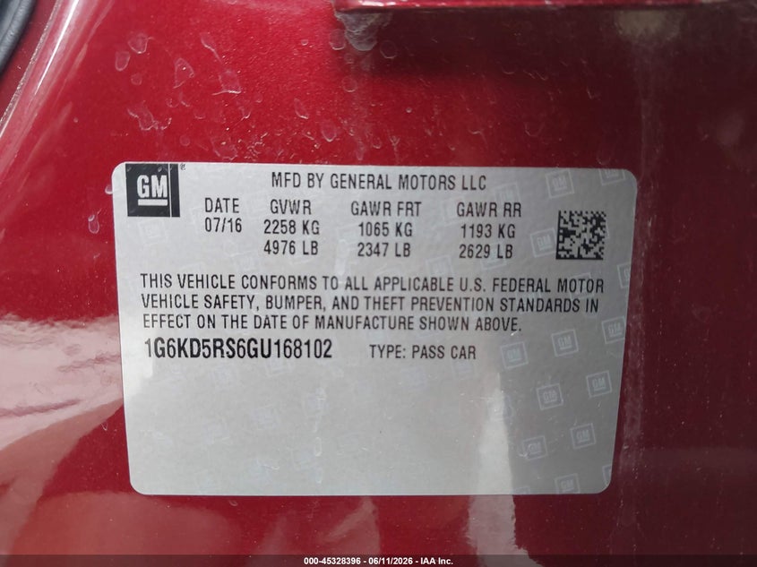 2016 Cadillac Ct6 VIN 1G6KD5RS6GU168102 IAAI salvage auction — FRONT END, Salvage Title, sold $3,325 on 2026-07-23 (photo 9)