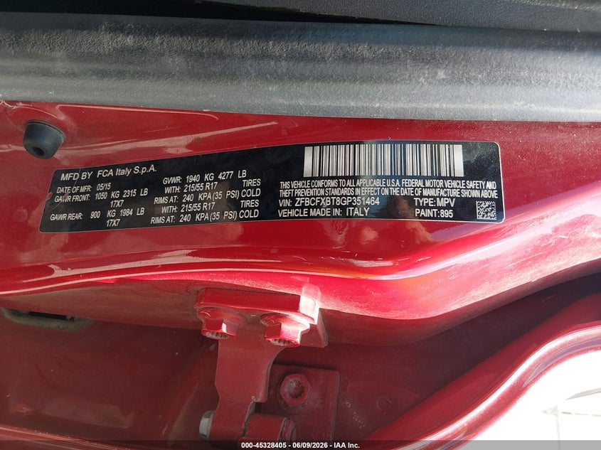 2016 Fiat 500x VIN ZFBCFXBT8GP351464 IAAI salvage auction — LEFT & RIGHT, Wait Title, sold $350 on 2026-09-17 (photo 9)